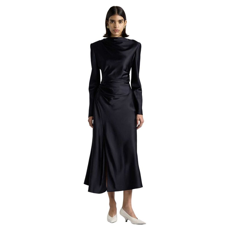 Cue Dark Ink Matte Satin Viscose Gathered Midi Dress image number 0